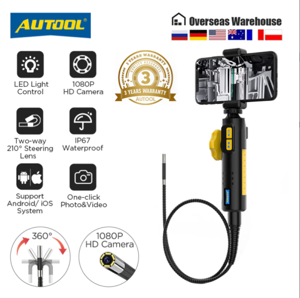 AUTOOL SVB302 1080 HD Automotive Industrial Endoscope with Light Autofocus Endoscope Inspection Camera Lens for IMG & Video